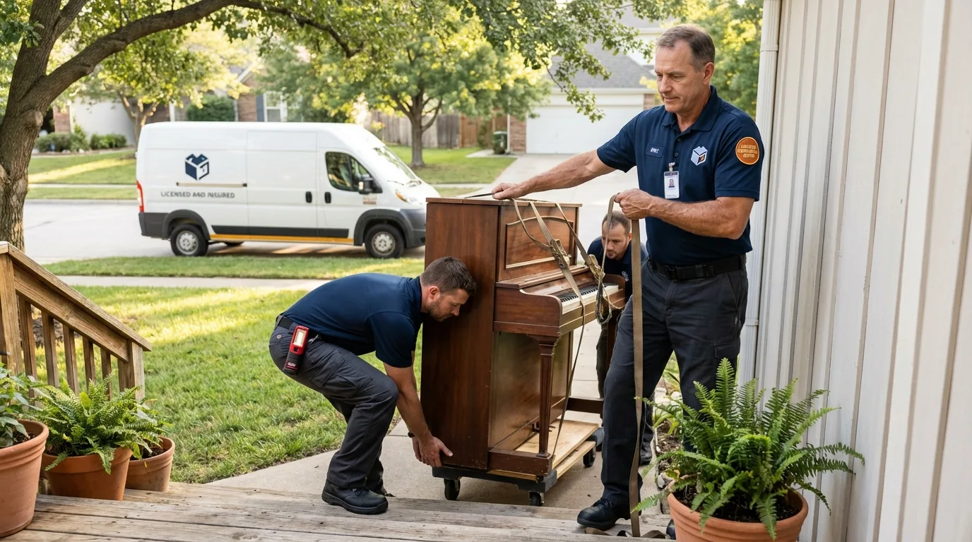 Licensed piano movers securing grand piano in Hebron, ME