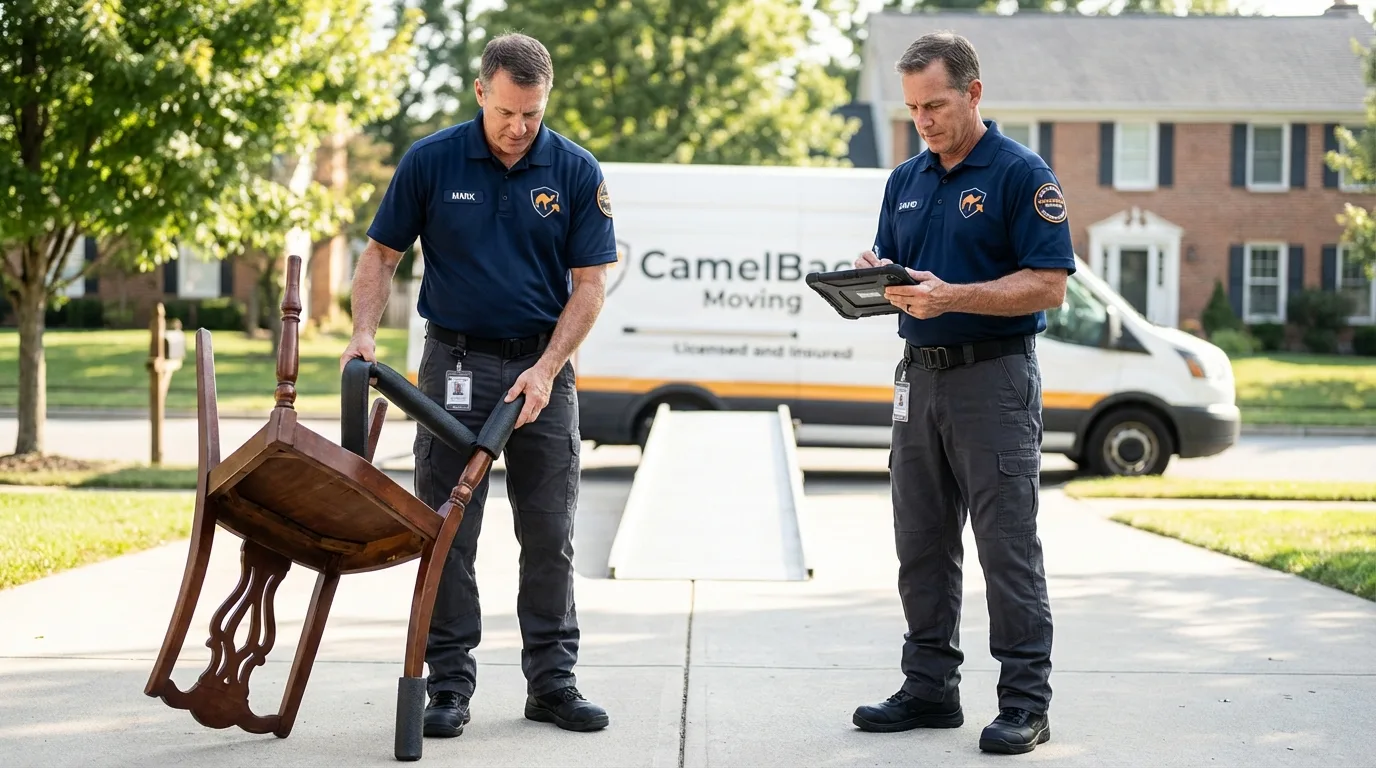 Movers inspecting furniture for damage prevention before loading in Hebron, ME
